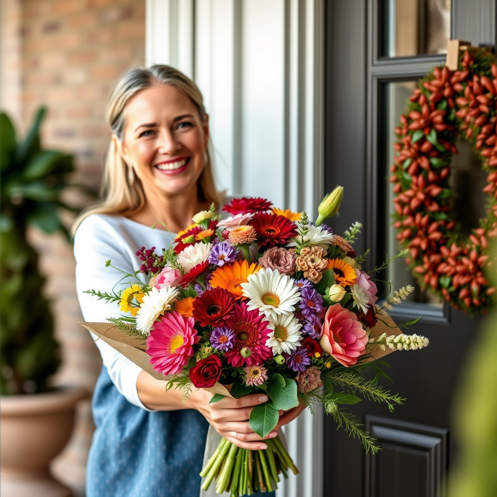 Smiling woman receiving a beautiful seasonal flower arrangement delivery at her front door, holding the bouquet with joy