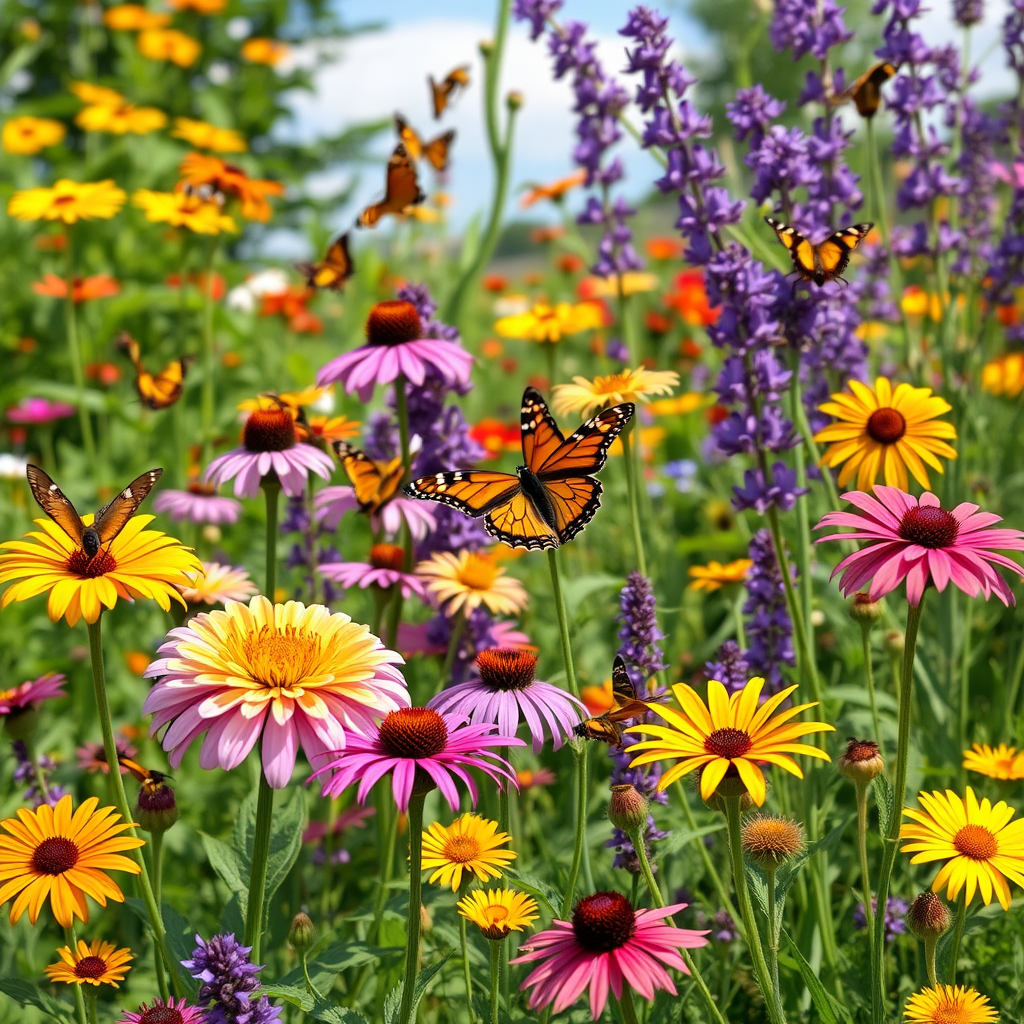 Vibrant pollinator garden filled with native wildflowers, butterflies, and bee-friendly plants