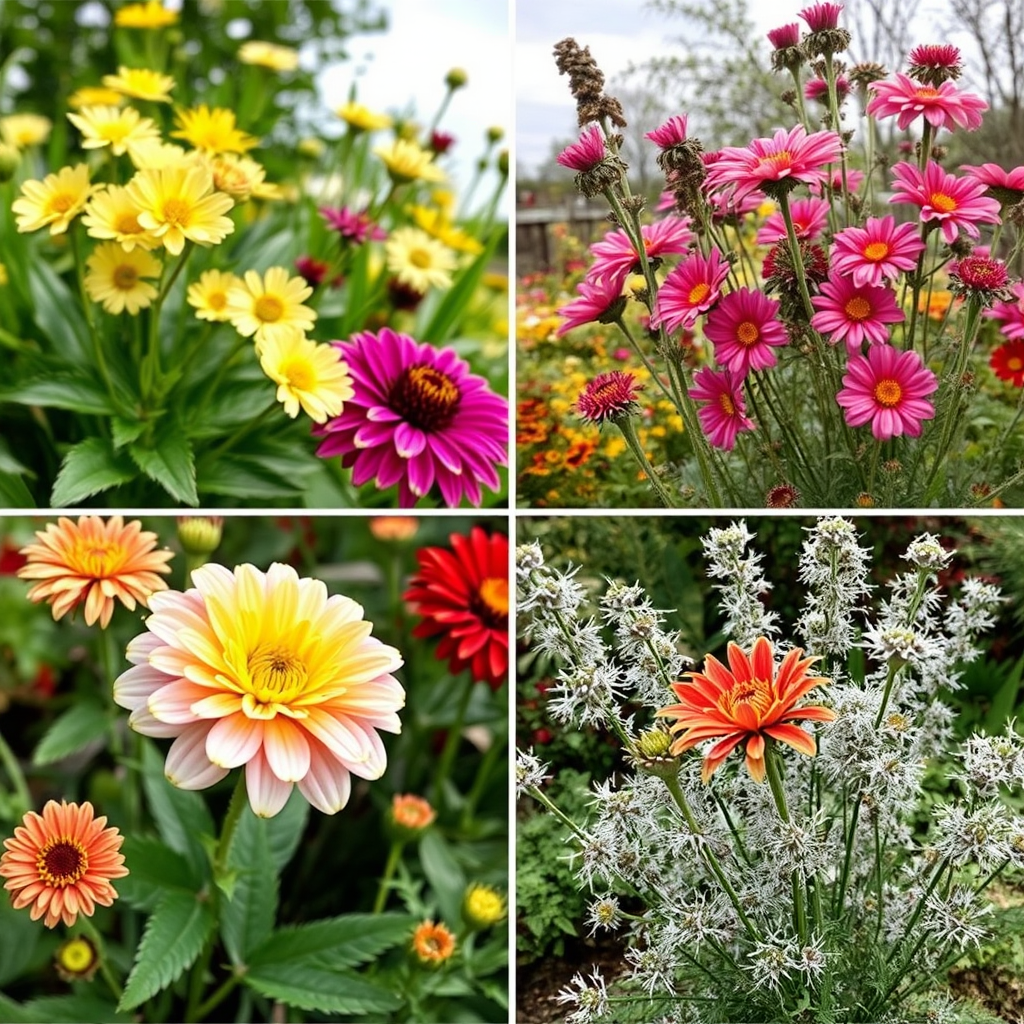Four-season garden showing different flowers blooming throughout spring, summer, fall, and winter